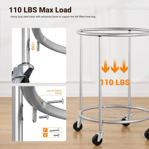 Miniatura 4 de ELYKEN Cesta de lavandería con ruedas, cesta de lavandería rodante de 170L con bolsa extraíble y marco de acero, carrito de lavandería redondo con 4