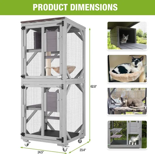 Miniatura 6 de Cat Catio - Recintos para gatos al aire libre, casa móvil para gatos con ruedas de ejercicio, jaula para gatos con caja de descanso mejorada, Gris