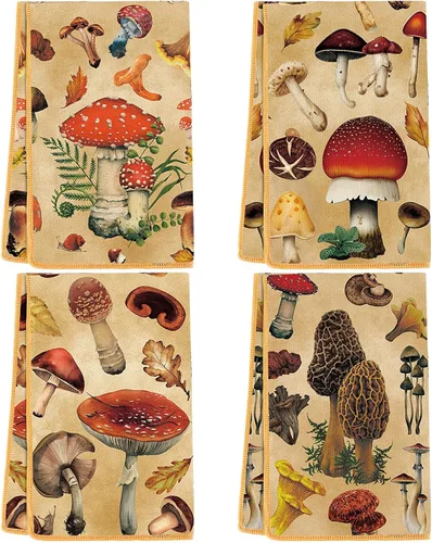 Preboun Juego de 4 paños de cocina de hongos, 16 x 24 pulgadas, poliéster, color hongo, patrón geométrico, paño de cocina, toallas