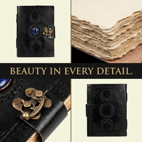 Miniatura 6 de Diario de cuero negro Lapiz 3 estilo vintage con luna en relieve Antiguo papel artesanal con borde de tocado de la época, diario de dibujo