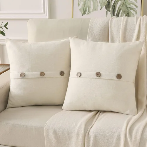 HAUSSY Juego de 2 fundas de almohada decorativas de lino blanco crema de 22 x 22 pulgadas, fundas de cojín cuadradas con 3 botones vintage,