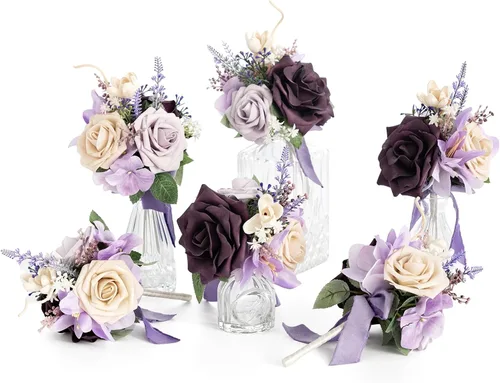 Miniatura 12 de Ling's moment Juego de 6 mini ramos de flores de boda color burdeos y negras para dama de honor, prefabricados, pequeños, florales, granate