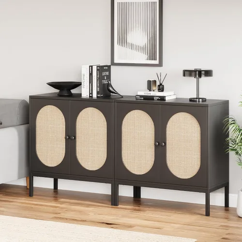 Miniatura 9 de IDEALHOUSE Gabinete de buffet, armario de almacenamiento de ratán con puertas y estantes, aparador de armario, armario de consola de madera