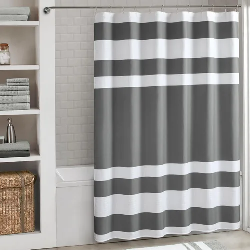 Miniatura 24 de Madison Park Cortina de ducha de tejido waffle con diseño a rayas en piezas, cortina de ducha de tela para baño con gestión de humedad 3M Rayas Taupe