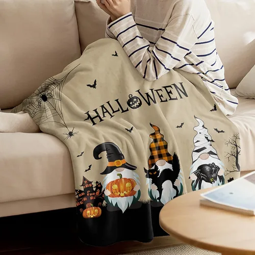 Miniatura 3 de Manta de gnomo de franela súper suave, manta de murciélago de Halloween con diseño de gato negro, manta ligera y acogedora de microfibra de felpa