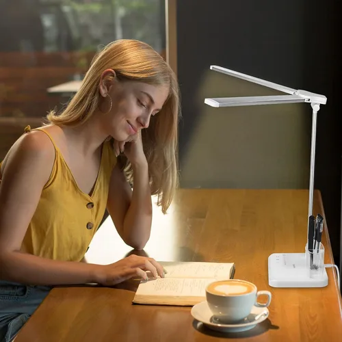 Miniatura 7 de Qooltek Lámpara de escritorio LED para oficina en casa, lámpara de mesa con control táctil con 5 modos de color y brillo ajustable, brazo oscilante