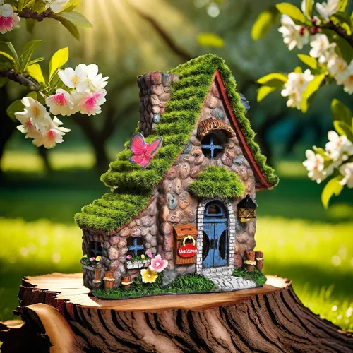 Miniatura 2 de Estatuas de casa de hadas de resina ASAWASA con luces solares, esculturas de jardín divertidas con decoración flocada y adoquinada, exquisitas