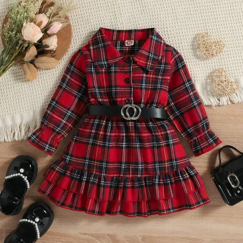 Miniatura 3 de Conjunto de cinturón de vestir de manga larga con volantes y estampado a cuadros para niñas pequeñas rojo 4-5 años