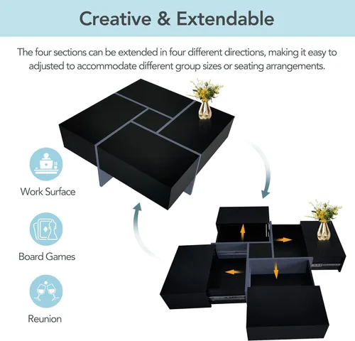 Miniatura 5 de LUMISOL Mesa auxiliar cuadrada de alto brillo con mesa deslizante extensible, mesa de cóctel con 4 compartimentos de almacenamiento ocultos, mesa