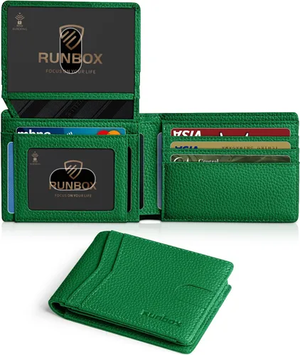 RUNBOX Cartera para hombres Slim Rfid Leather 2 ID Window con caja de regalo, verde (New Litchi-Green), Minimalista