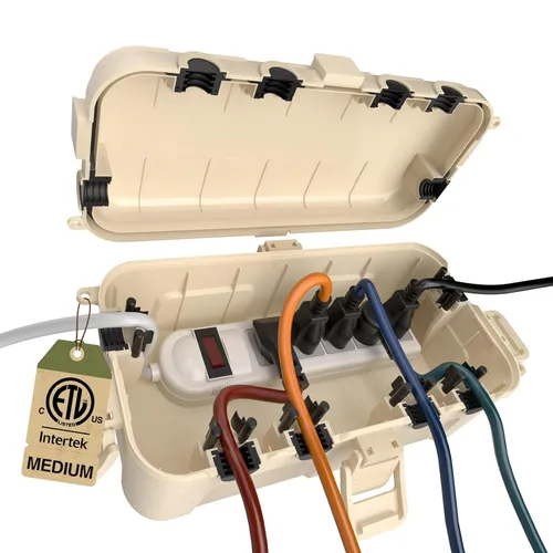 Flemoon Caja eléctrica mediana para exteriores (11.5 x 5.2 x 4 pulgadas), cubierta de cable de extensión impermeable IP54 con 6 puertos de entrada