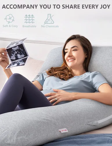 Miniatura 4 de AngQi - Almohada de embarazo con funda de jersey, almohada de cuerpo completo en forma de U para mujeres embarazadas, color gris