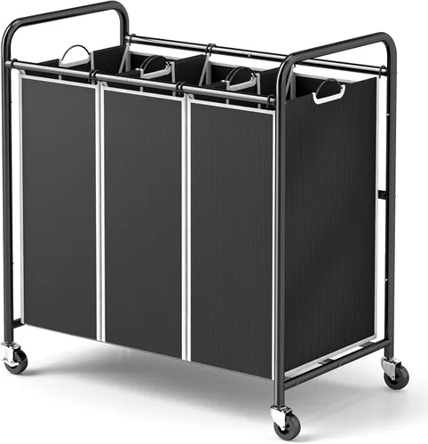 ROMOON Clasificador de ropa resistente de 3 compartimentos, cesta con forro extraíble y ruedas, organizador que ahorra espacio para lavandería, Negro