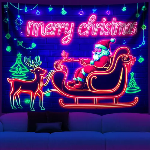 Miniatura 14 de NYZE - Tapiz de Navidad con Papá Noel, tapiz de luz negra que brilla en la oscuridad, colgante de pared, banner festivo, decoración para fiesta