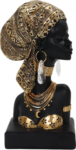 Miniatura 19 de Lescafita Escultura de mujer africana con tocado de flor dorada, figura de resina negra y dorada para decoración del hogar, elegante estatua de dama