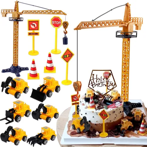 Decoración para tartas de construcción, grúa grande, excavadora, tráfico, señales de tráfico, decoración de pasteles, suministros de fiesta de