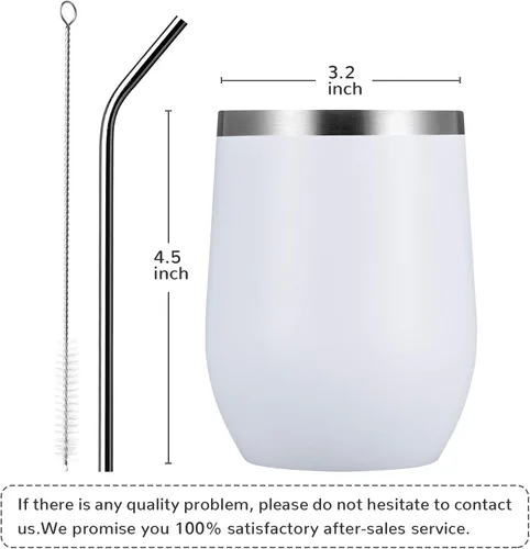Miniatura 4 de MEWAY Vaso de vino sin tallo de 12 onzas con tapa, vaso de viaje de acero inoxidable con aislamiento de doble pared al vacío con popote, para Blanco