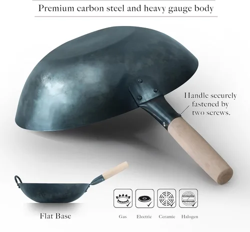 Miniatura 5 de Sartén de wok tradicional de acero al carbono de 16 pulgadas con fondo plano grande – Auténticos woks martillados a mano y sartenes para saltear