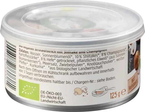 Miniatura 2 de dmBio Shiitake vegano orgánico y para untar de hongos – Paté vegano 3 latas x 125 g (13.23 oz) – Hecho en Alemania