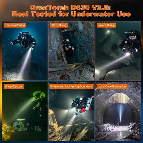 Miniatura 8 de ORCATORCH D630 V2.0 4600 Lumen 5 LED importados LED Primary Canister Dive Light con 7° Super Focus Beam, recto/lateral montado y Backmount Técnico