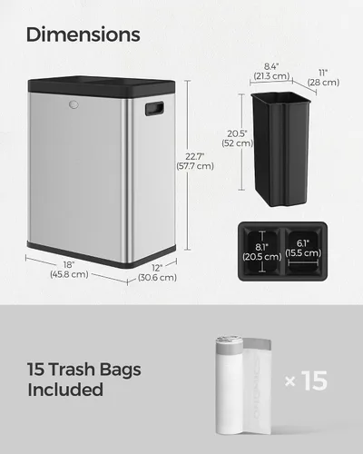 Miniatura 6 de SONGMICS 2 x 6.6 Galones Bote de Basura de Tapa Abierta, Papelera de Basura de Doble Compartimento para Residuos y Reciclaje, Acero Inoxidable