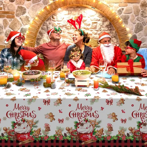 Miniatura 7 de 3 piezas de manteles de fiesta Feliz Navidad a cuadros de búfalo de pan de jengibre, cubierta de mesa rectangular de plástico rojo y negro a cuadros