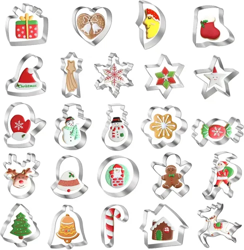 Juego de 24 cortadores de galletas de Navidad, de acero inoxidable, muñeco de nieve, hombre de jengibre, copo de nieve, árbol de Navidad, ciervos y
