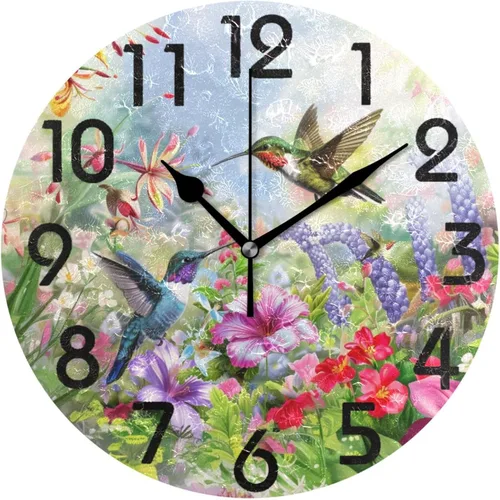 Miniatura 15 de Spring Hummingbird - Reloj de pared redondo con estampado de flores, 9.5 pulgadas, funciona con pilas, reloj de escritorio analógico silencioso