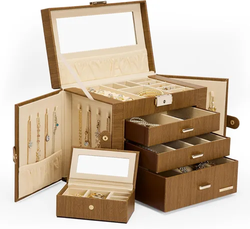 Homde Joyero 2 en 1 para mujeres y niñas con estuche de viaje pequeño, espejo, collar, anillo y aretes, organizador (marrón + dorado)