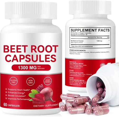 Cápsulas de raíz de remolacha, 1300 mg de polvo de remolacha orgánico, suplementos de raíz de remolacha para energía natural y apoyo de resistencia,