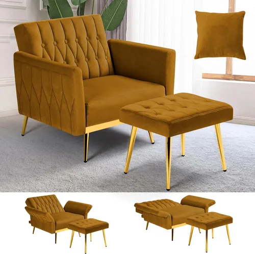 Miniatura 22 de Silla de terciopelo Accent con apoyabrazos y respaldo ajustables, sillón de ocio con botones acolchados, sillón reclinable individual con otomano