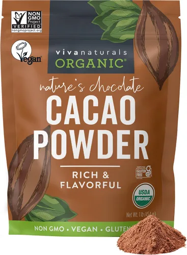 Viva Naturals Cacao en polvo orgánico, 1 libra, cacao en polvo sin azúcar con rico sabor a chocolate negro, perfecto para hornear y batidos, sin