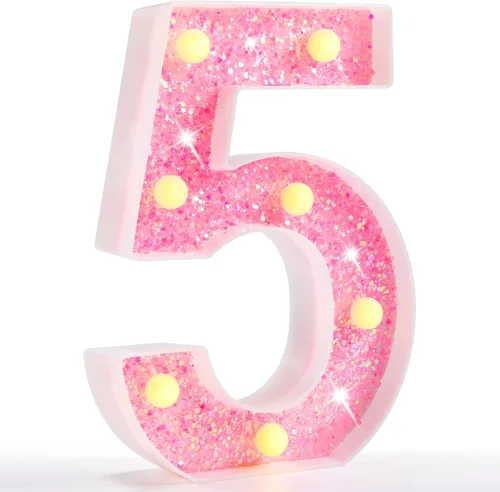 Miniatura 37 de Pooqla Luces de números de marquesina, números de luz rosa para niñas de 10.º cumpleaños, funciona con pilas, luz nocturna de número con purpurina