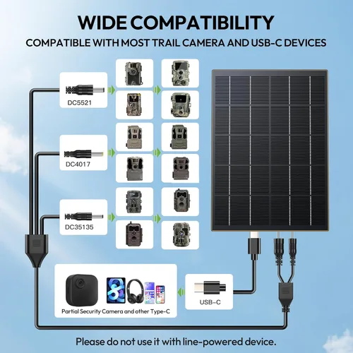 Miniatura 5 de Panel solar de 8W para cámara de sendero con batería recargable de 72Wh incorporada, viene con montaje ajustable de 360°, 6V/12V DC y puerto USB-C