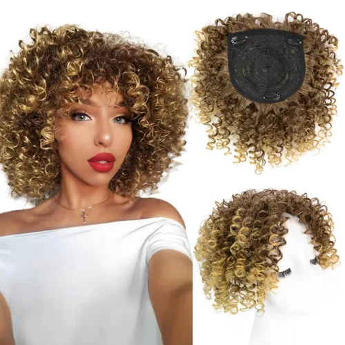 Peluca de cabello corto afro natural rizado con flequillo, pelucas sintéticas con clip negro, para hombres y mujeres, con cabello delgado, volumen y