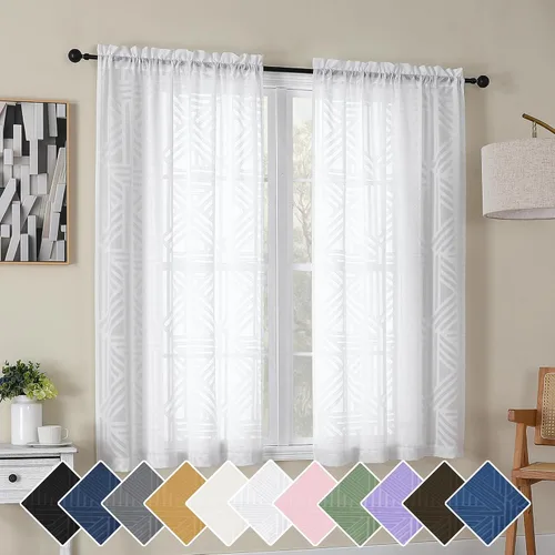 Miniatura 32 de Simplebrand Cortinas traslúcidas negras de cocina de 24 pulgadas de largo, 2 paneles, filtrado de luz, geométrico jacquard con textura, cortinas