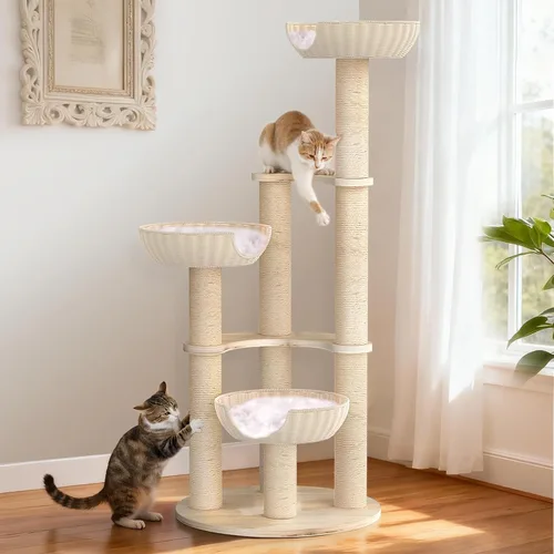 Tinnmao Torre de árbol de madera maciza para gatos grandes, árbol de madera para gatos de 53 pulgadas con poste rascador cubierto de sisal natural,