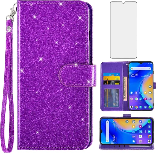 Asuwish Funda de teléfono para TCL 20XE 5087Z con protector de pantalla de vidrio templado y cubierta tipo cartera con purpurina, soporte para