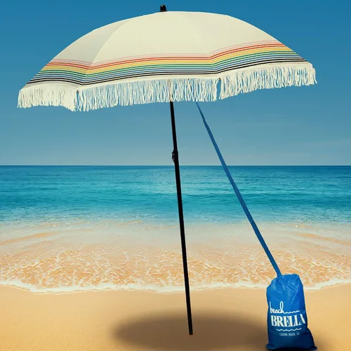 Miniatura 21 de Sombrilla de playa para arena, resistente al viento, con bolsa de anclaje de arena, portátil, flecos, bolsa de mezclilla, cuenta con parte inferior