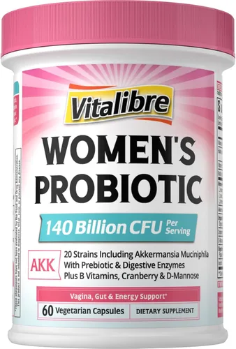Vitalibre Probiotic Plus para mujeres, Akkermansia, 140 mil millones de UFC, 19 cepas con AKK, vitamina B6, B9, B12, biotina, arándano, D-manosa,
