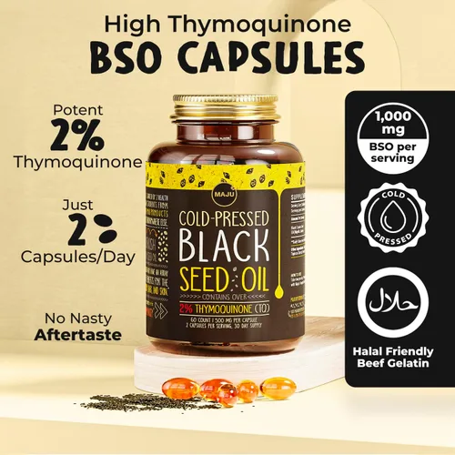 Miniatura 3 de Maju Superfoods Cápsulas de aceite de semilla negra, prensado en frío, 2% timoquinona, 100% aceite de semilla de comino negro turco, Nigella sativa