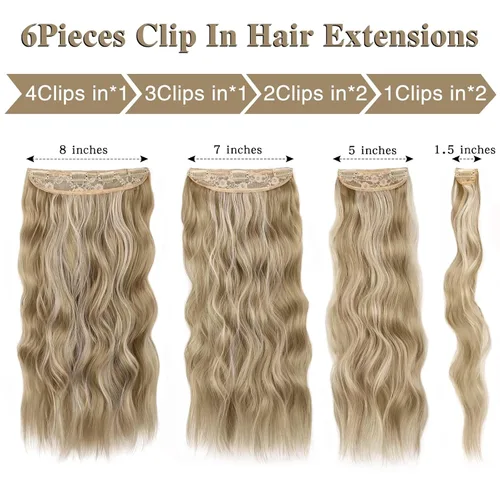 Miniatura 2 de WECAN Extensión de cabello con clip, de 20 pulgadas, mezcla de rubio ceniza y rubio decolorado, 6 piezas, extensiones de cabello largo ondulado