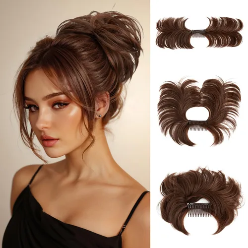 Miniatura 37 de Postizo de Cabello de Moño Despeinado con Peine Lateral Clip en Postizo de Moño para Mujeres Corto Natural Liso Versátil Estilos Ajustables Piezas