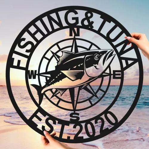 Letreros personalizados de atún de pesca, Señales de metal de atún, Aventura oceánica, Letreros de metal personalizados, Arte de pared de metal