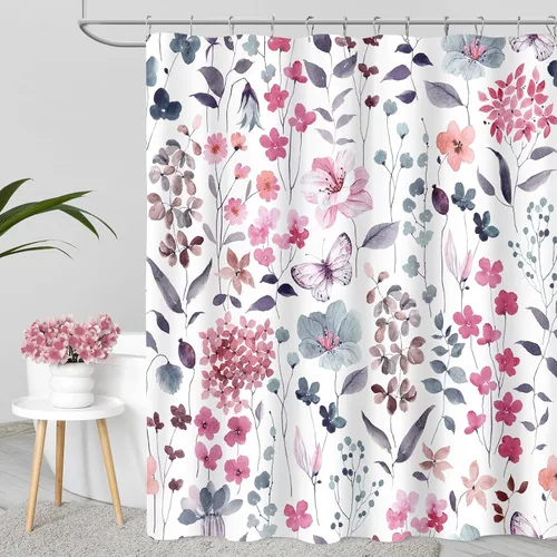 Miniatura 31 de MAYZUS Cortina de ducha con flores azules acuáticas, lindas cortinas de tela con flores para baño, juego de cortinas de tela de aguamarina