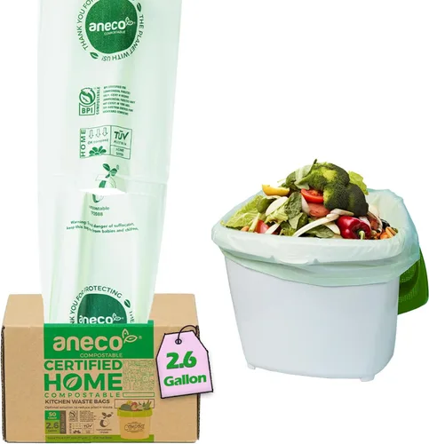 Miniatura 16 de (Incluye 10 bolsas adicionales) ANECO - Bolsas de basura 100% compostables de 2.6 galones, bolsas de compost pequeñas de cocina extra gruesas