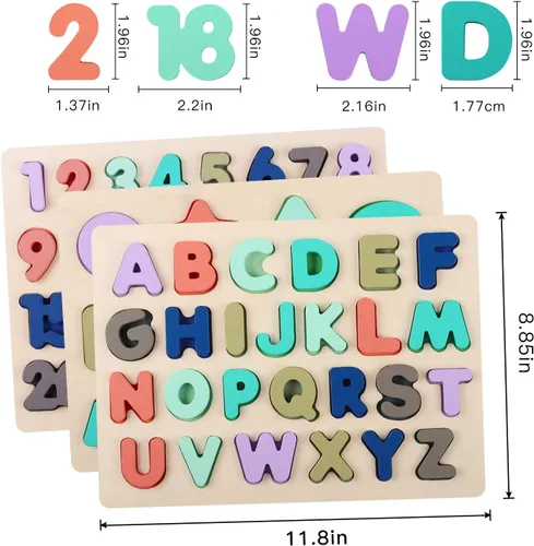Miniatura 7 de Rompecabezas de madera para niños pequeños, rompecabezas de madera con forma de números del alfabeto, juguetes de aprendizaje para niños de 3, 4, 5