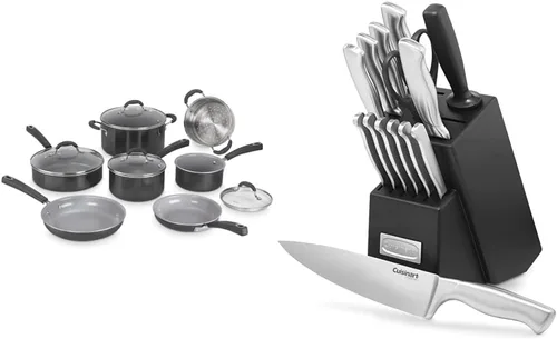 Cuisinart Cuisinart - Juego de 11 utensilios de cocina antiadherentes Ceramica XT, color negro y cuchillo con bloque de 54C-11BK C77SS-15PK