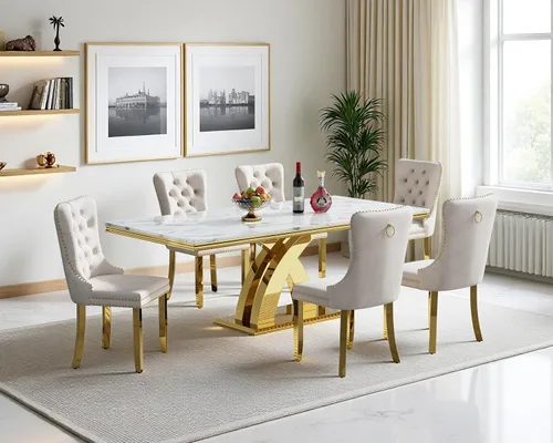 Miniatura 96 de Juego de mesa de comedor de mármol sintético, 7 piezas, juego de mesa de cocina y comedor para 6, mesa de comedor rectangular blanca de 70 pulgadas