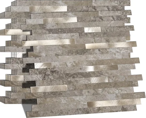Miniatura 10 de KASARO - Azulejos de 1 hoja para pelar y pegar para salpicaduras de cocina, mármol beige con rayas doradas antiguas, azulejo autoadhesivo